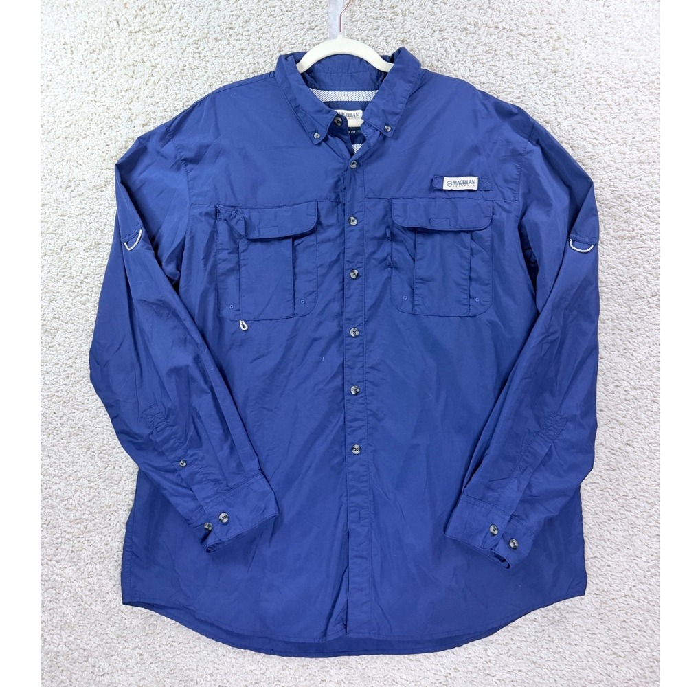 Mens XLT Magellan Outdoors Fishing Shirt Blue Nylon Long Sleeve Relaxed Vented